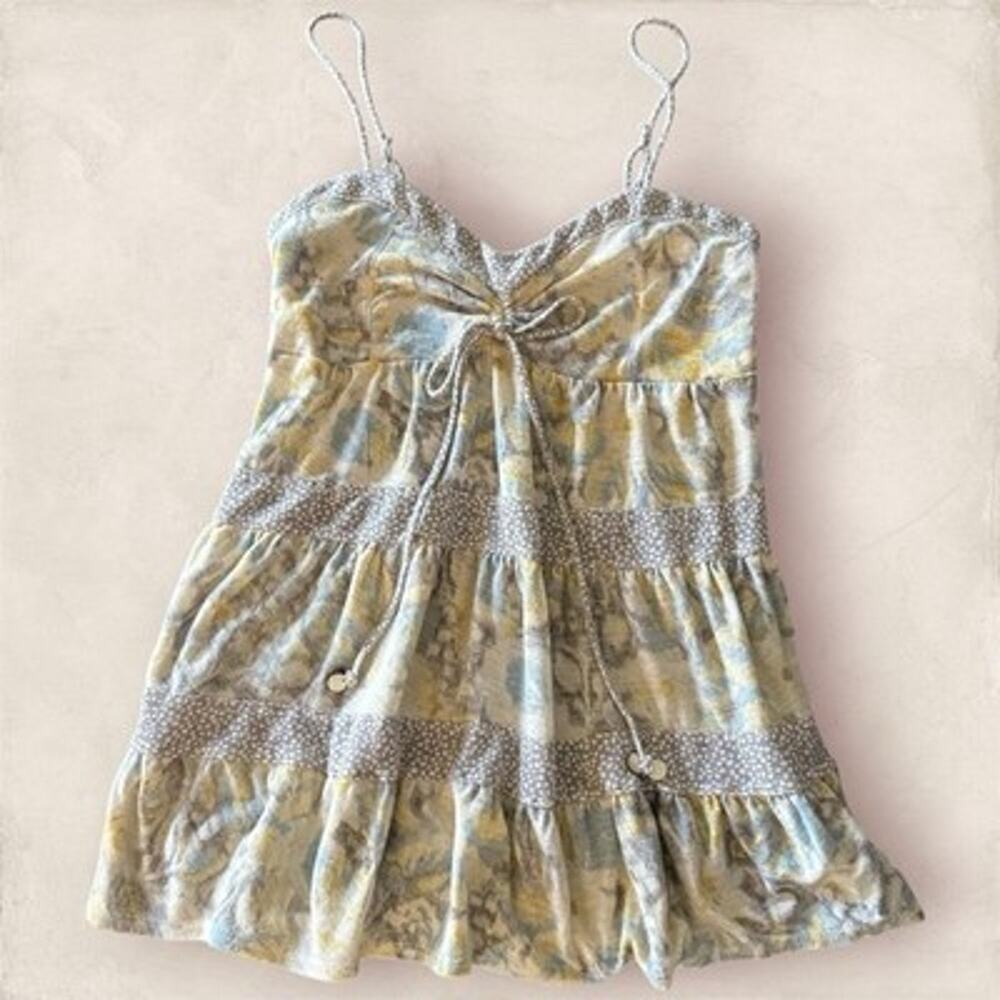 y2k American Eagle Babydoll Top Small Floral Cottagecore Yellow Tie Front Ruffle